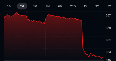 Tesla TSLA one-week stock chart showing a sharp decline to US$319.69