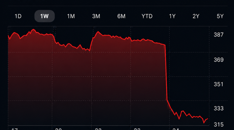 Tesla TSLA one-week stock chart showing a sharp decline to US$319.69