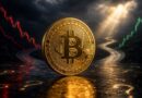 Bitcoin coin between falling and rising cryptocurrency market charts