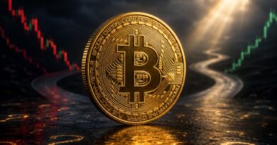 Bitcoin coin between falling and rising cryptocurrency market charts