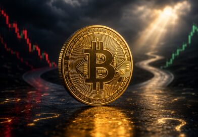 Bitcoin coin between falling and rising cryptocurrency market charts