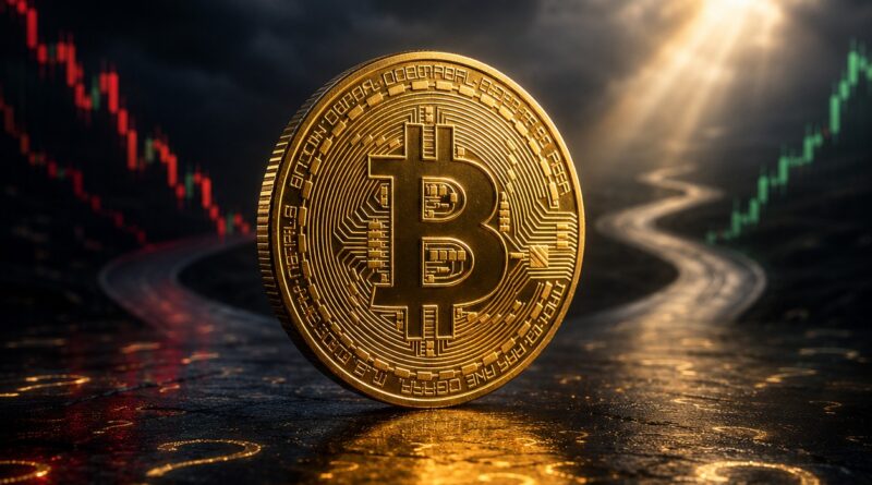 Bitcoin coin between falling and rising cryptocurrency market charts