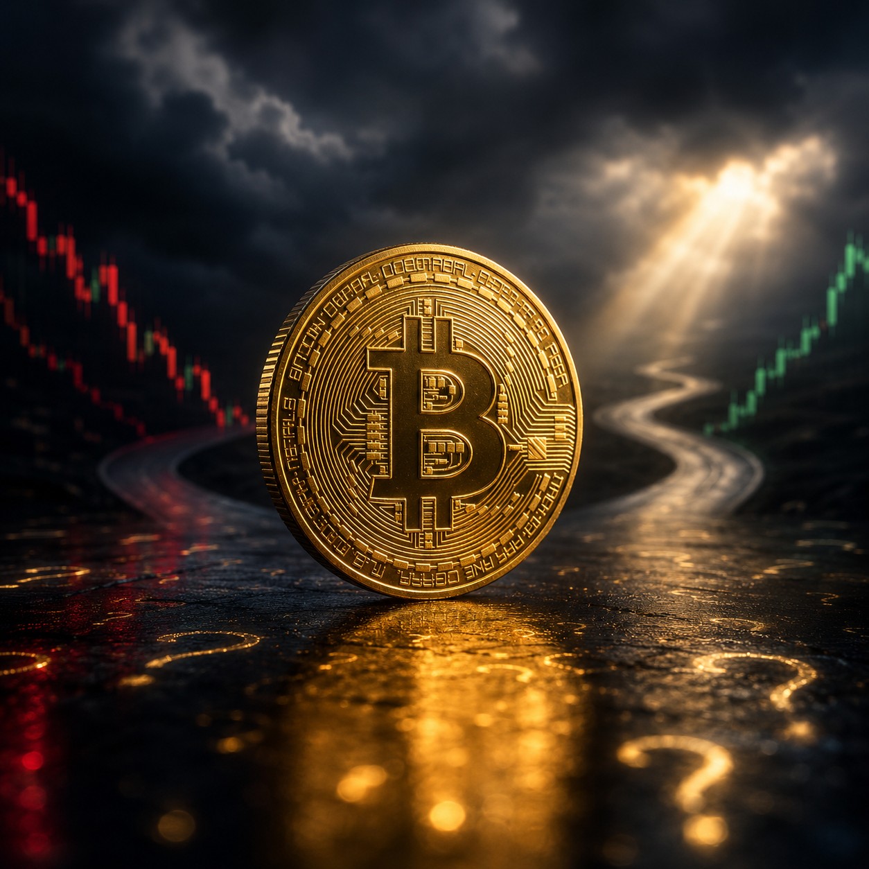 Bitcoin coin between falling and rising cryptocurrency market charts