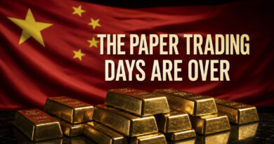 Chinese flag behind gold bars with the words The Paper Trading Days Are Over