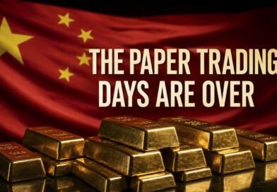 Chinese flag behind gold bars with the words The Paper Trading Days Are Over