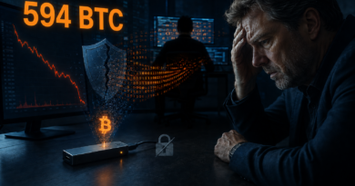 Illustration of a COLDCARD wallet security breach, showing the initially reported 594 BTC sweep