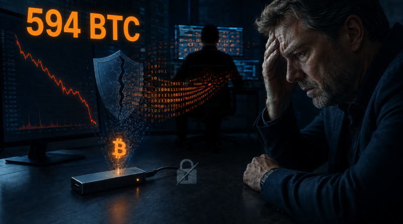 Illustration of a COLDCARD wallet security breach, showing the initially reported 594 BTC sweep