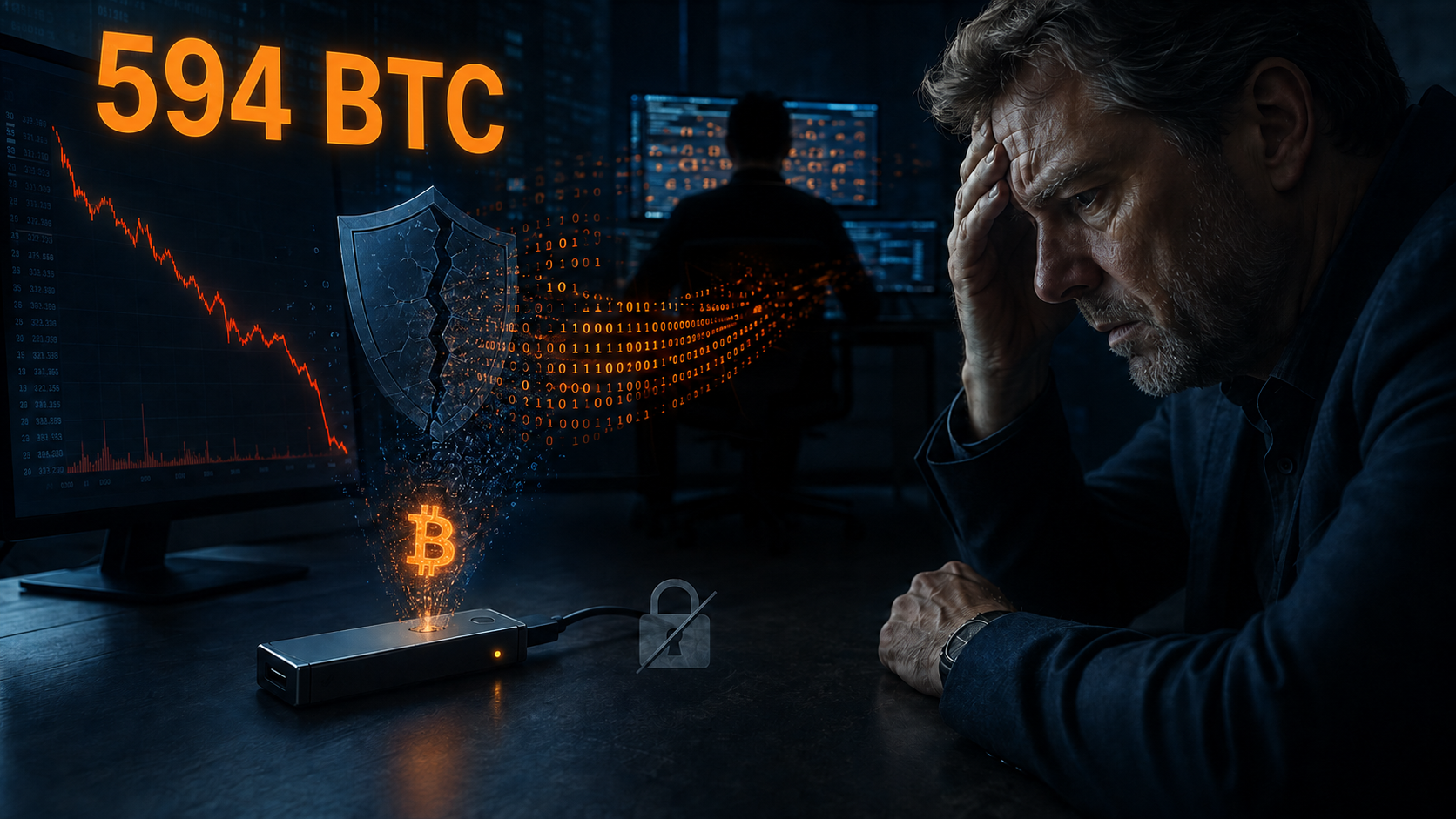 Illustration of a COLDCARD wallet security breach, showing the initially reported 594 BTC sweep